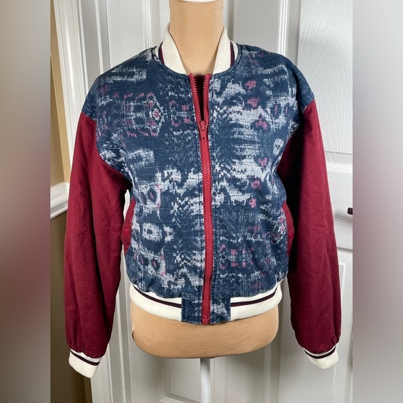 FREE PEOPLE Varsity of Dreams Bomber Jacket Denim Maroon XS - Picture 9 of 13